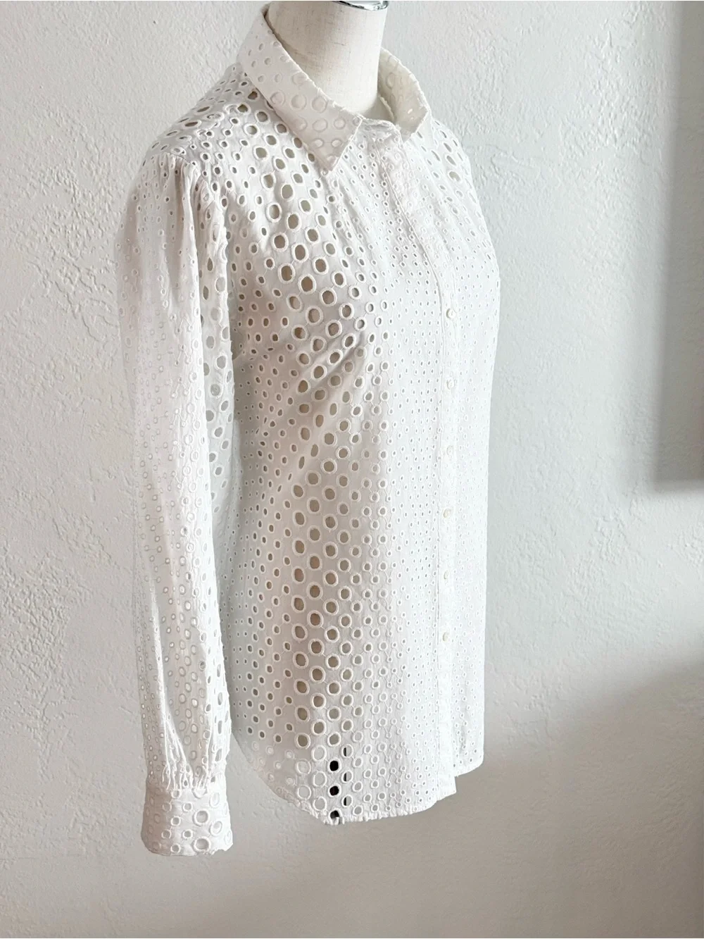 Nicole Miller Artelier White Pleated Puff Sleeve Eyelet Blouse M Cotton Boho - Picture 5 of 15